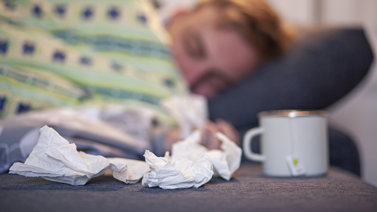 One Young Man, Sick Laying In Bed, Out Of Focus, Tissue And Tea