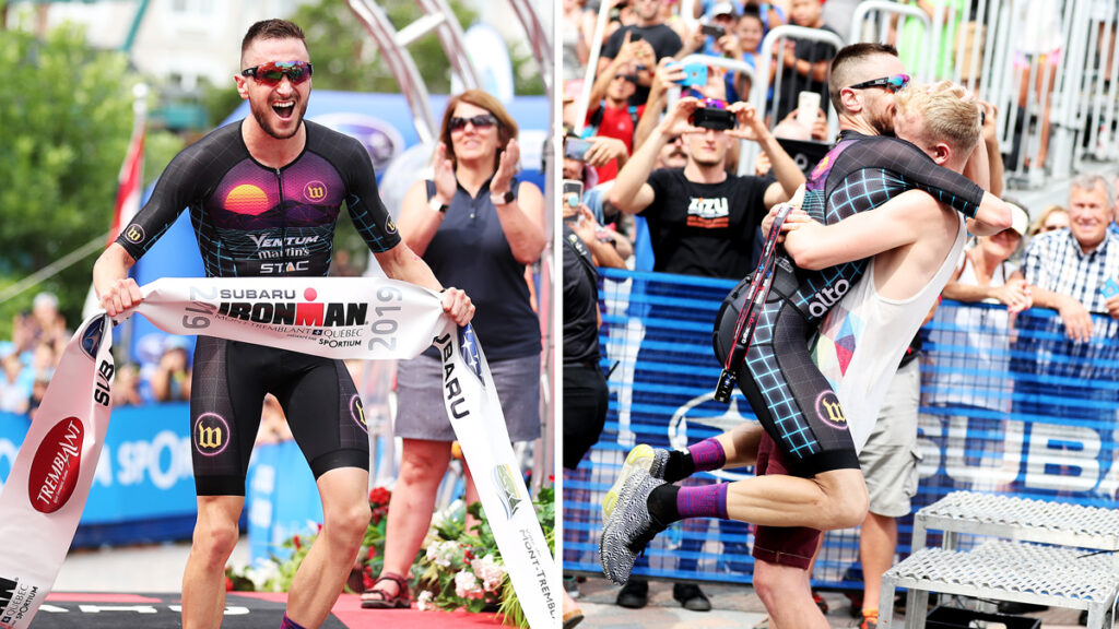 Two photos side by side. The first photo shows queer athlete Cody Beals crossing the finish line at IRONMAN Mont Tremblant, and the second shows him jumping into his partner's arms.