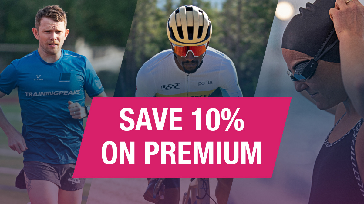 Graphic Of Three Athletes With Text Overlay That Advertises Saving 10% On Trainingpeaks Premium App When You Buy A Training Plan