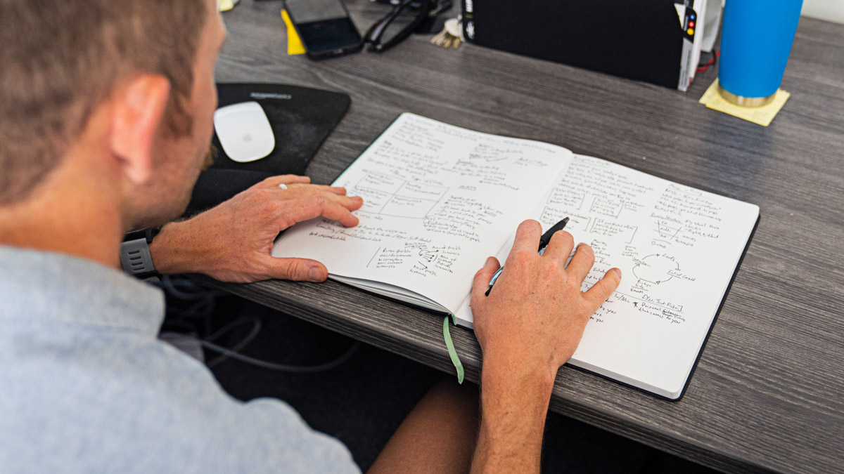 A Male Coach Looking Over His Notebook Of Plans And Ideas