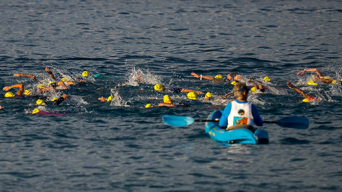 A Group Of Triathletes Swim During The First Leg Of An Ironman At The Kona World Championships