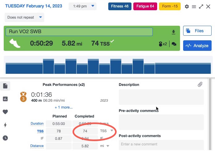 Run Tss Displayed in TrainingPeaks