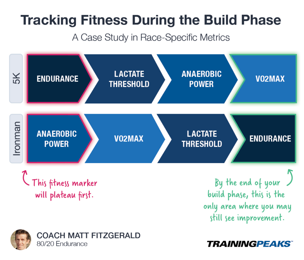 infographic that illustrates Matt Fitzgerald's article for TrainingPeaks about tracking fitness during the build phase using race-specific metrics