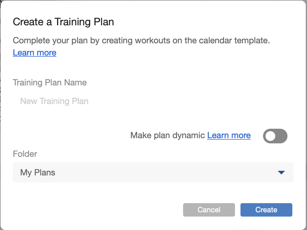 Create Training Plan panel in TrainingPeaks