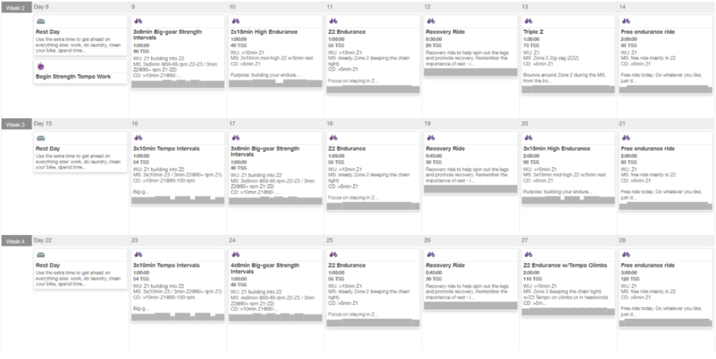 Cycling coach Zach Nehr's sample weeks of his Base Training Plan (12 weeks, FTP-based), available on TrainingPeaks